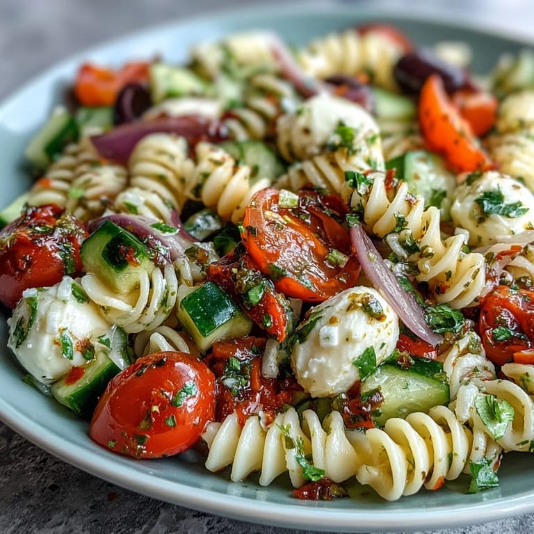 Creamy mozzarella and crisp vegetables in Easy Summer Pasta Salad with Italian Dressing, served chilled.