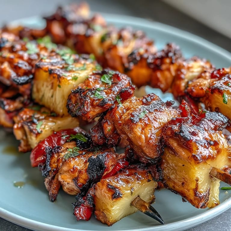 Colorful chicken and pineapple skewers with charred edges and vibrant bell peppers, perfect for summer BBQs.  