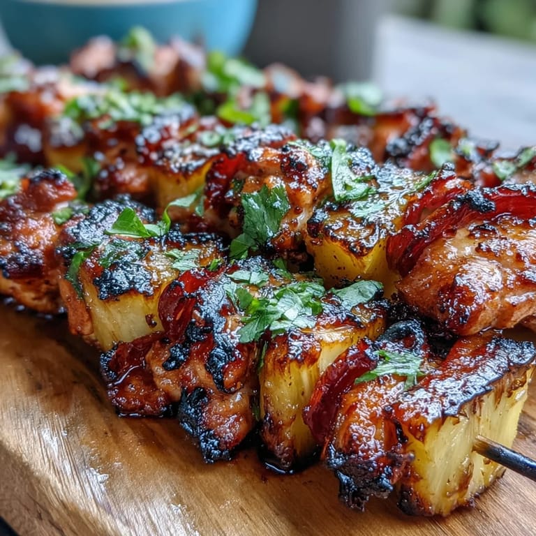 Sweet and savory Grilled Pineapple Chicken Skewers served with fresh cilantro and lime, ideal for outdoor dining.