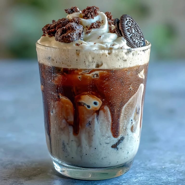 Indulgent cookies-and-cream cold brew features smooth cold brew coffee blended with rich cookies-and-cream milk and chocolate drizzle.