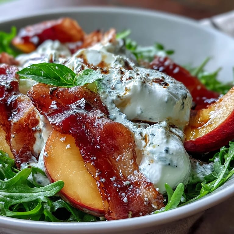 A light prosciutto and peach summer salad with creamy burrata, perfect for lunch.