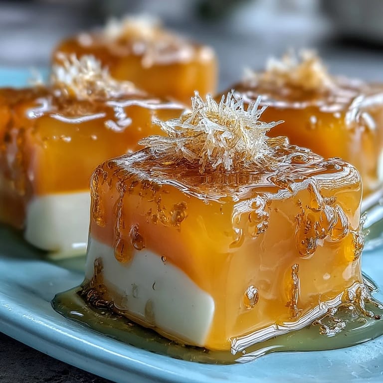Chilled Mango Agar-Agar Jelly Cubes topped with rich coconut milk, a delightful bite.