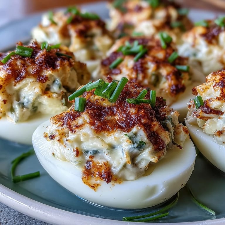 Creamy Crab Cake Deviled Eggs with Old Bay sprinkled generously.