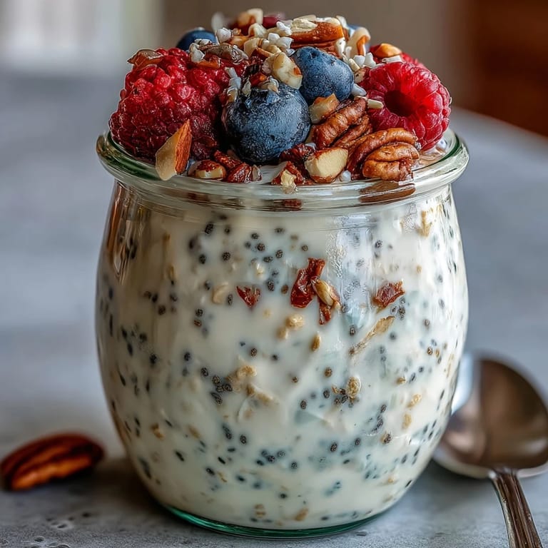 Vibrant high fiber overnight oats, topped with fresh berries, a healthy breakfast.