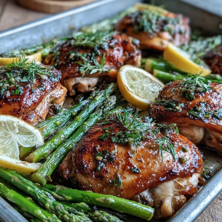 Juicy roasted chicken and bright asparagus in One-Pan Lemon Herb Chicken and Asparagus.