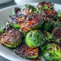 Roasted Brussels sprouts with balsamic reduction glisten on a rustic platter, golden-brown and caramelized for a sweet-tangy bite.
