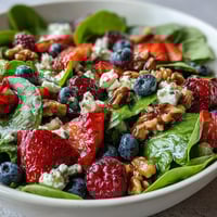 A vibrant Spinach and Berry Salad Bowl brimming with fresh baby spinach, juicy mixed berries, and crumbled goat cheese for a light lunch.