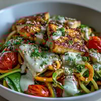 Colorful Spiralized Vegetable Bowl with grilled chicken, fresh spinach, and cherry tomatoes on a rustic table.