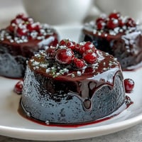 Four chilled Black Currant Panna Cotta glasses topped with glossy berry glaze.