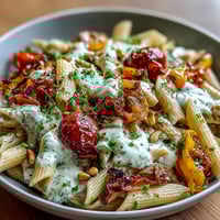 Wholesome whole wheat pasta bowl with roasted vegetables and creamy cannellini bean sauce, topped with toasted pine nuts.