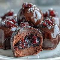 Decadent black currant chocolate truffles with a smooth, tart ganache center, coated in rich dark chocolate for an elegant dessert.