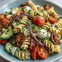 A colorful bowl of Easy Summer Pasta Salad with Italian Dressing, featuring fresh vegetables and mozzarella.