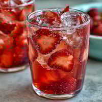 A vibrant glass of Pink Starburst Refresher with fresh strawberry slices and a frosty pink hue.