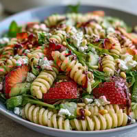 Spring Pasta Salad with Strawberries, Feta, and Arugula, a colorful vegetarian dish perfect for spring picnics and light lunches.