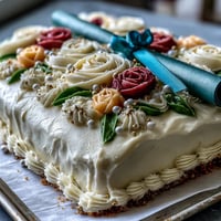 Graduation sheet cake with buttercream roses and diploma, beautifully decorated for a celebratory centerpiece.