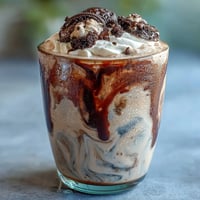 A creamy cookies-and-cream cold brew coffee with crushed chocolate cookies swirled in cold brew and topped with whipped cream.