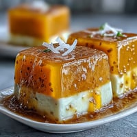 Golden Mango Agar-Agar Jelly Cubes with creamy coconut, a refreshing vegan treat.