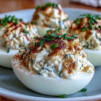 Delicious Crab Cake Deviled Eggs with Old Bay, a savory appetizer.