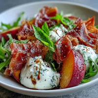 Creamy burrata, sweet peaches, and prosciutto star in this vibrant summer salad.
