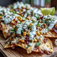 Loaded Cinco de Mayo Elote Nachos with smoky chipotle crema drizzled generously.