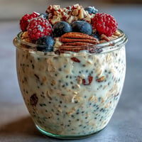 Creamy overnight oats with chia, flax, and berries, ready to enjoy chilled.
