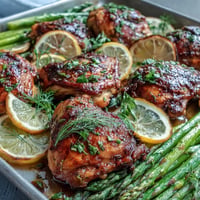 One-Pan Lemon Herb Chicken and Asparagus ready to serve on a sheet pan.